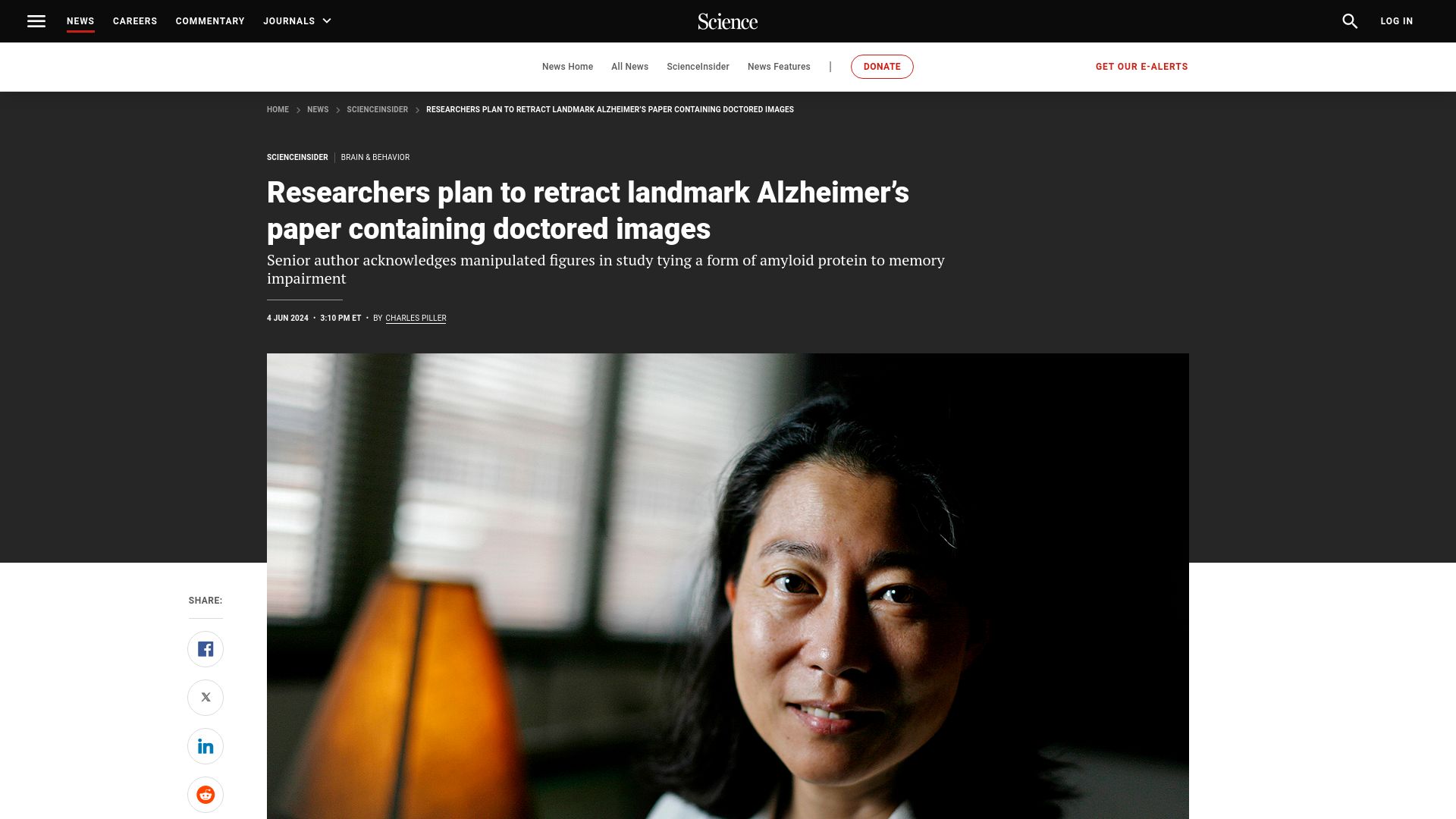 Screenshot of science.org: Researchers to retract landmark Alzheimer's paper containing doctored images