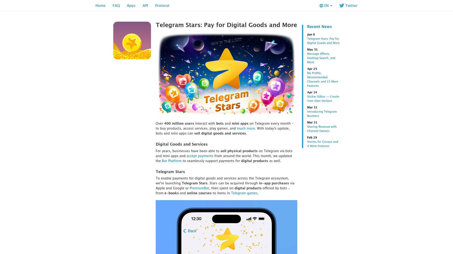 Screenshot of telegram.org: Telegram Stars: Pay for Digital Goods and More