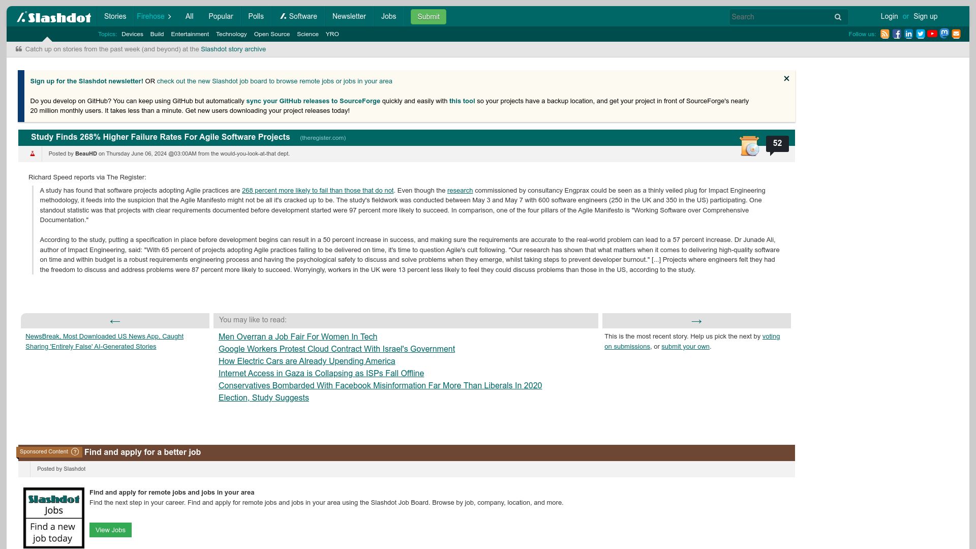 Screenshot of tech.slashdot.org: Study Finds 268% Higher Failure Rates for Agile Software Projects