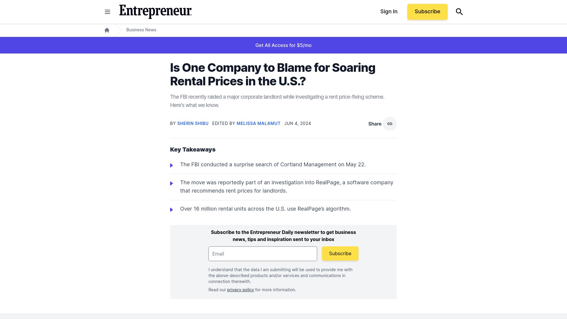 Screenshot of entrepreneur.com: FBI raids Atlanta corporate landlord in probe of rental market price fixing