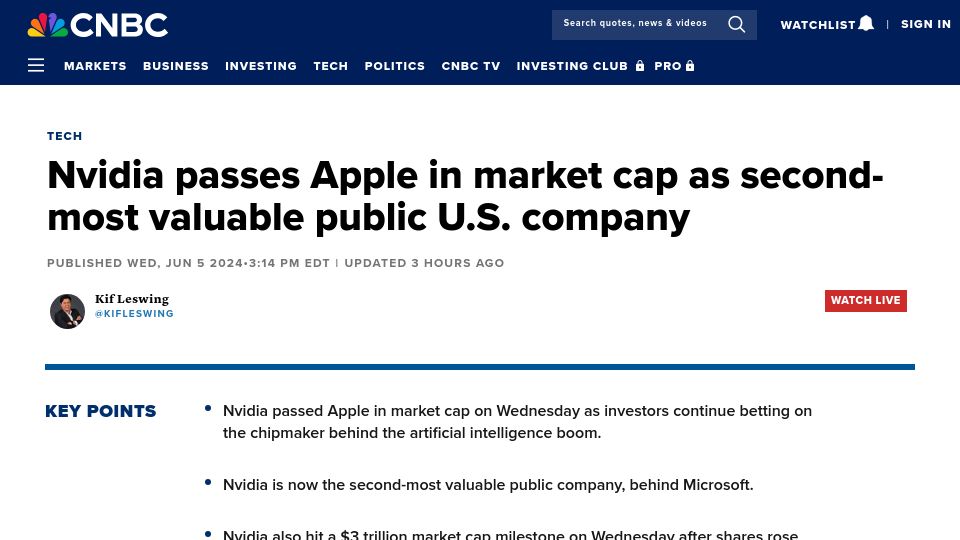 Screenshot of cnbc.com: Nvidia passes Apple in market cap, becoming the second-most valuable company