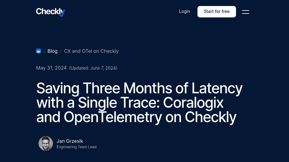Screenshot of checklyhq.com: Saving Three Months of Latency with a Single OpenTelemetry Trace