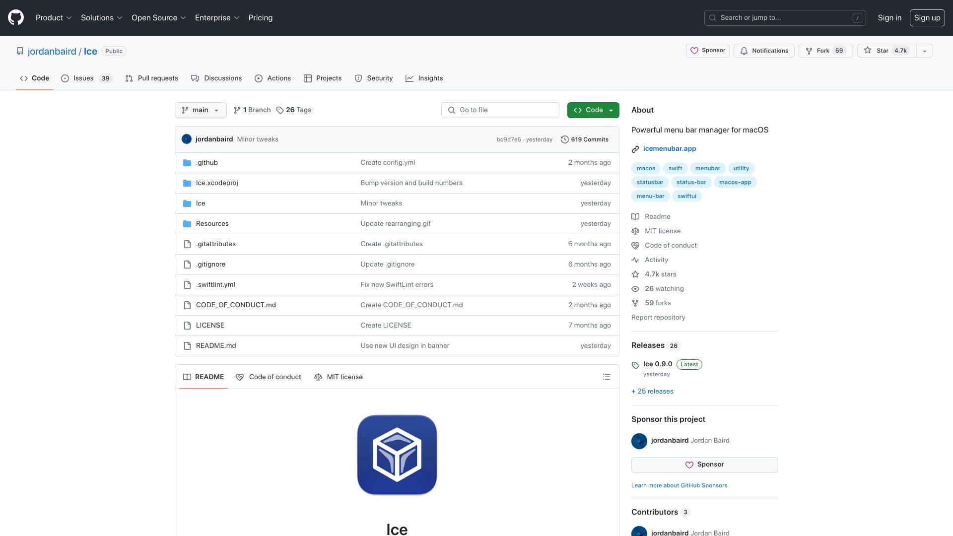 Screenshot of github.com: Ice – open source menu bar manager for macOS