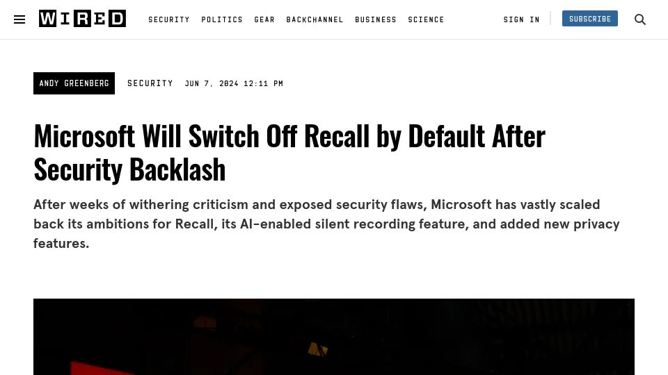 Screenshot of wired.com: Microsoft will switch off Recall by default after security backlash
