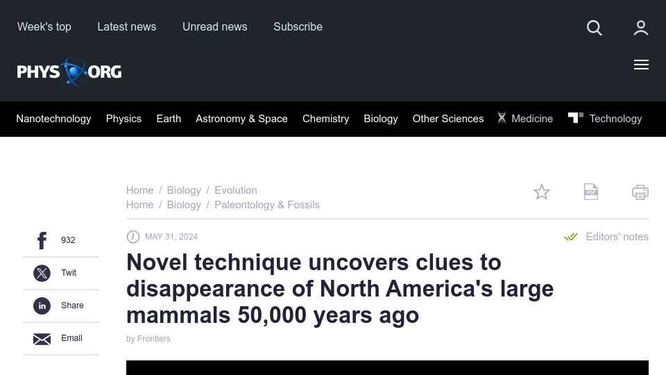 Screenshot of phys.org: Clues to disappearance of North America's large mammals 50k years ago