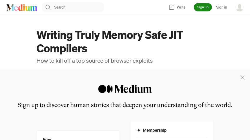 Screenshot of medium.com: Writing memory safe JIT compilers