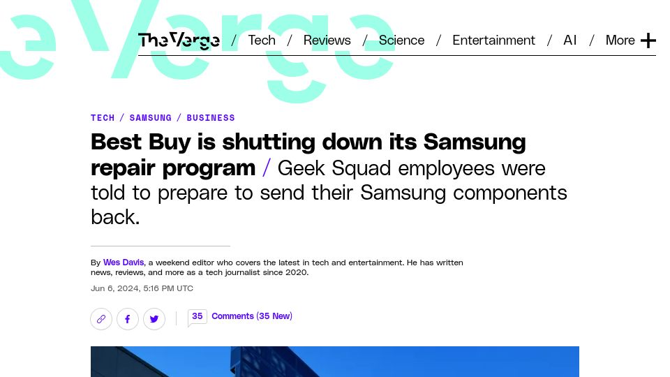 Screenshot of theverge.com: Best Buy is shutting down its Samsung repair program