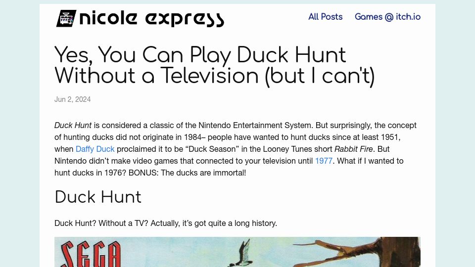 Screenshot of nicole.express: Yes, you can play Duck Hunt without a television (but I can't)