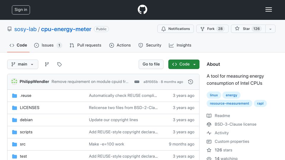 Screenshot of github.com: CPU Energy Meter: A tool for measuring energy consumption of Intel CPUs