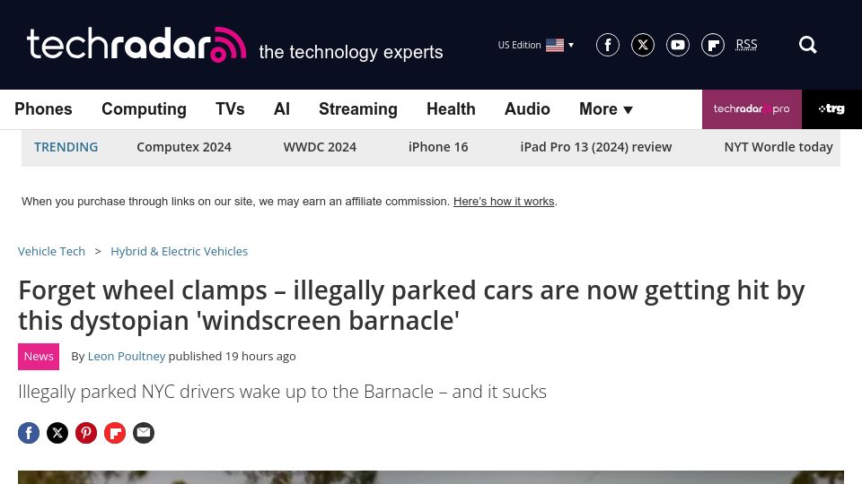 Screenshot of techradar.com: Illegally parked cars are now getting hit by this dystopian windscreen barnacle