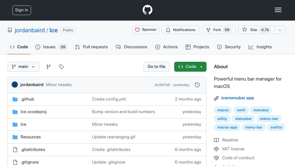 Screenshot of github.com: Ice – open source menu bar manager for macOS