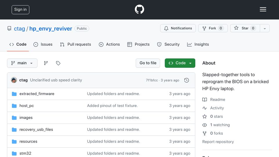 Screenshot of github.com: Recovery after HP tech support bricked my father's laptop