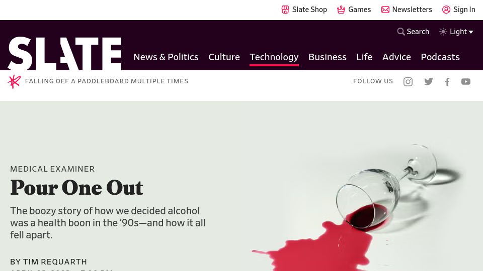 Screenshot of slate.com: The flip-flop on whether alcohol is good for you (2023)