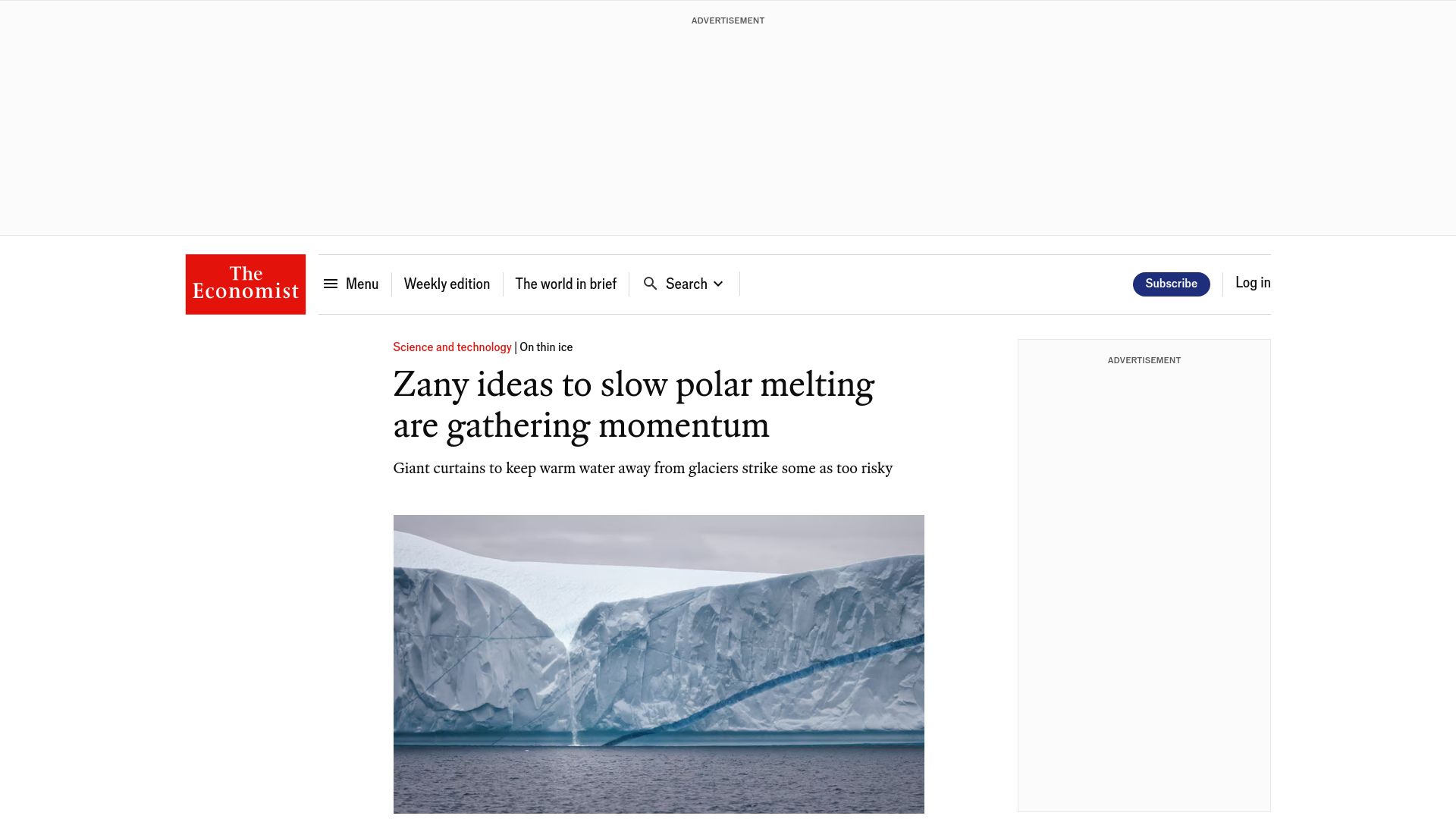 Screenshot of economist.com: Zany ideas to slow polar melting are gathering momentum