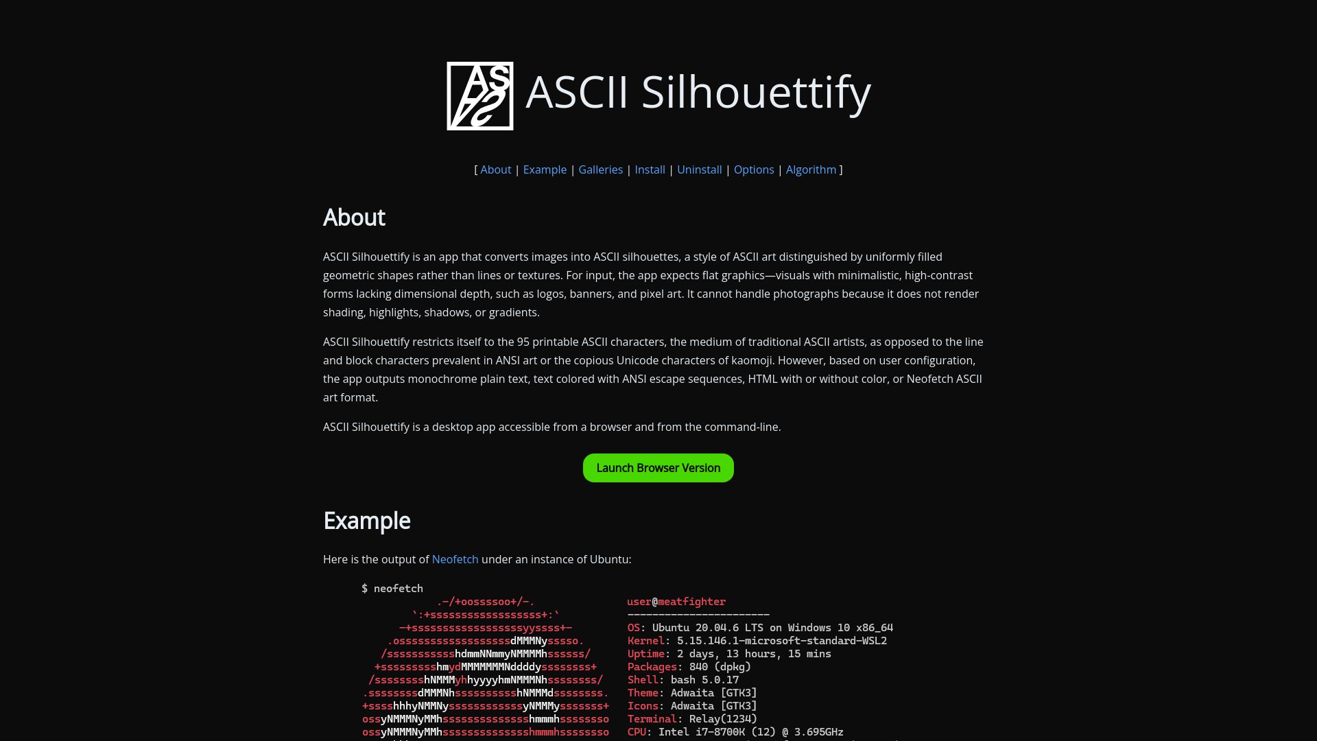 Screenshot of meatfighter.com: ASCII Silhouettify