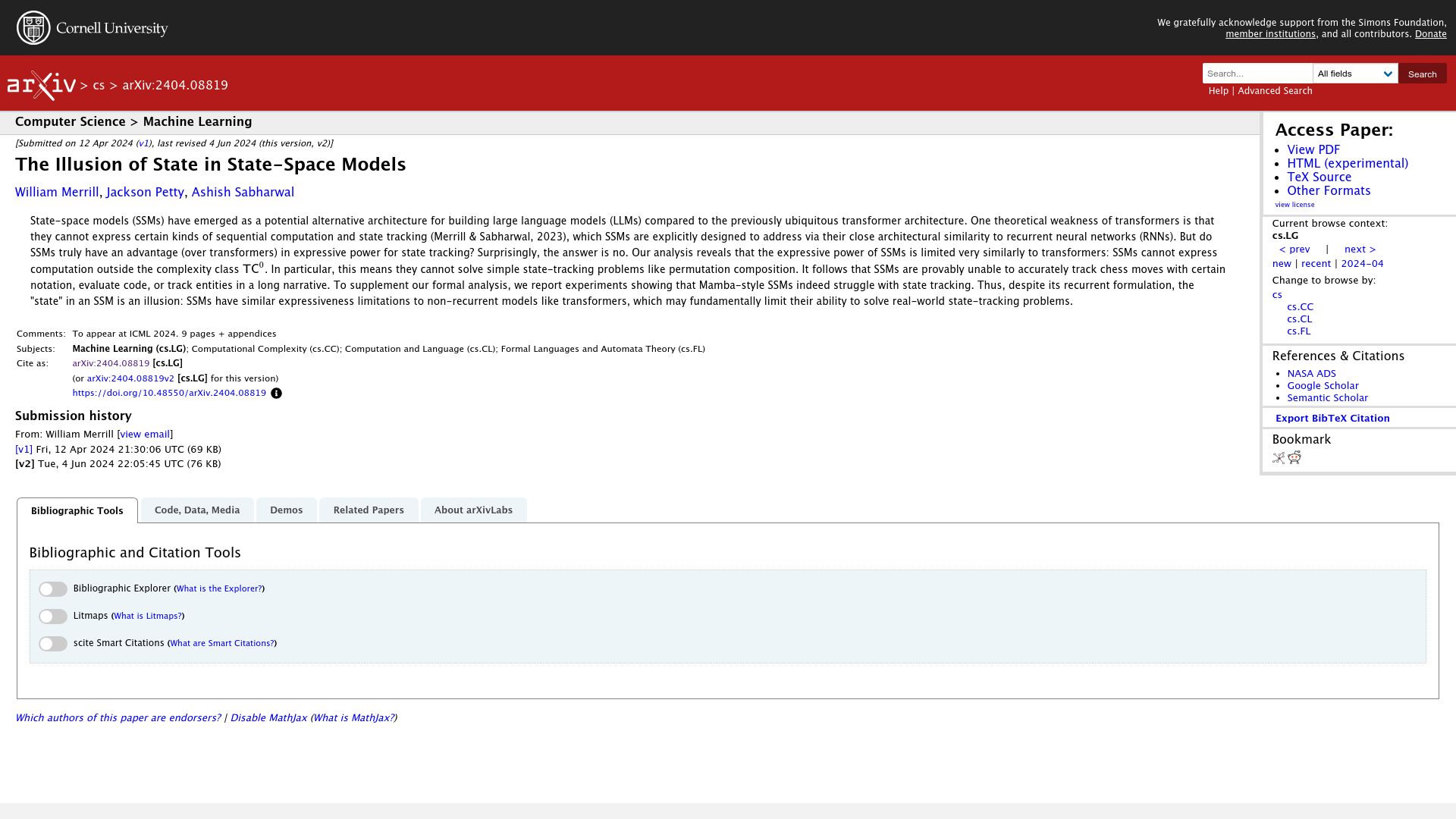 Screenshot of arxiv.org: The illusion of state in state-space models