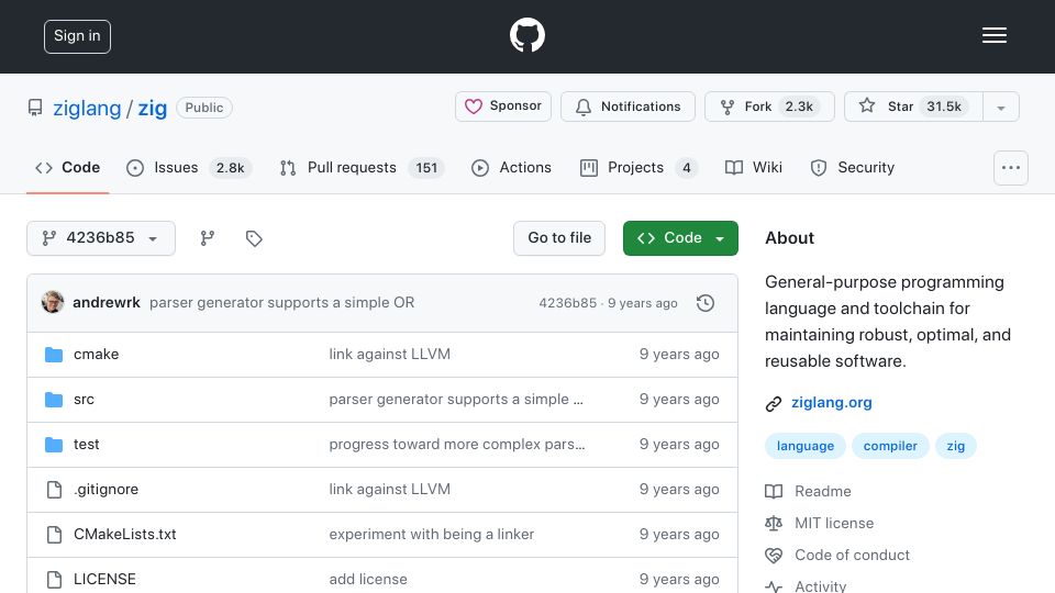 Screenshot of github.com: Zig Goals