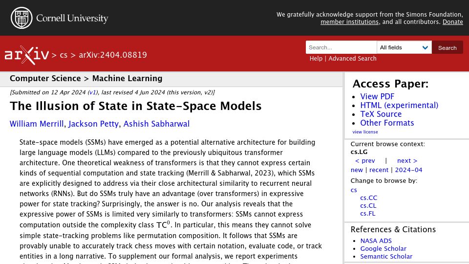 Screenshot of arxiv.org: The illusion of state in state-space models