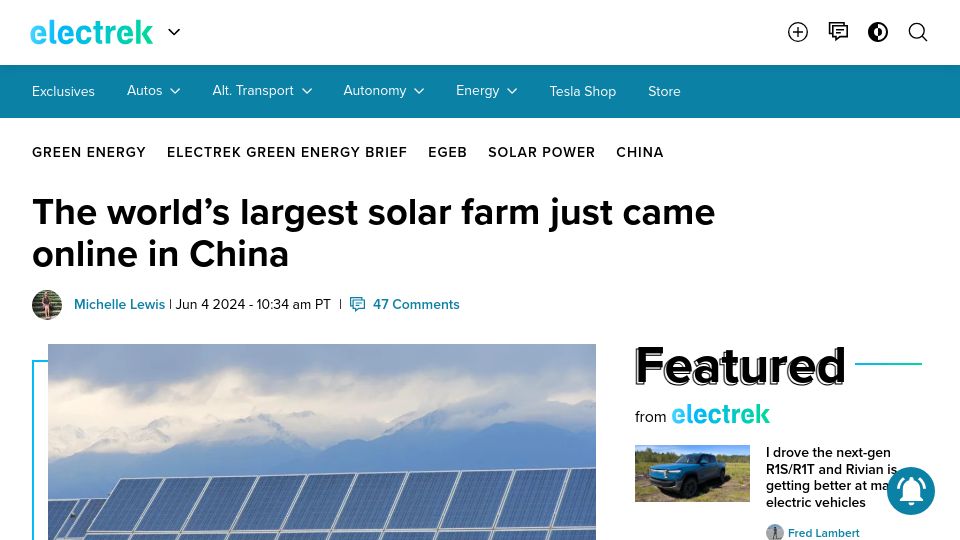 Screenshot of electrek.co: The largest solar farm just came online in China