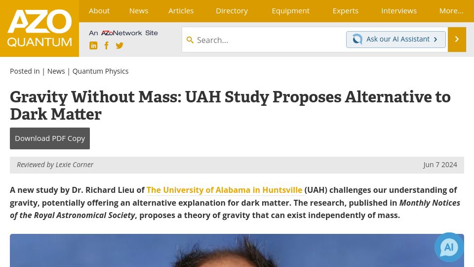 Screenshot of azoquantum.com: Gravity Without Mass: UAH Study Proposes Alternative to Dark Matter