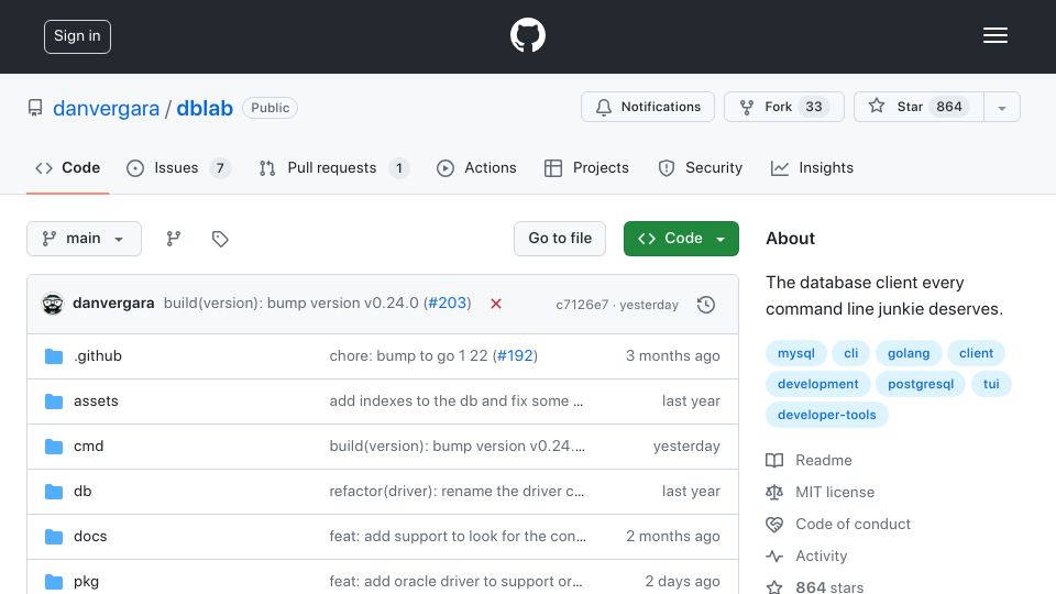 Screenshot of github.com: Dblab: Interactive Terminal Client for PostgreSQL, MySQL, SQLite3 and Oracle