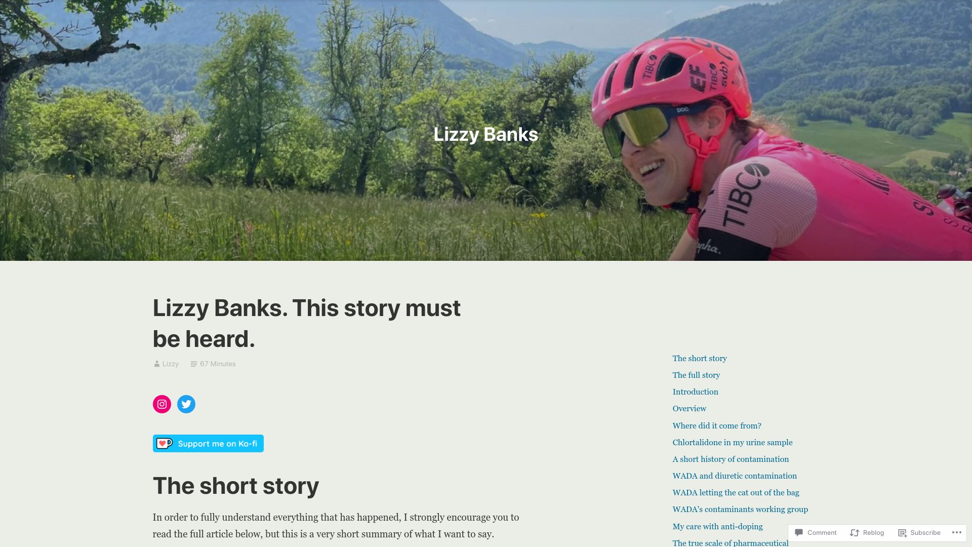 Screenshot of lizzybanks.co.uk: Fighting an anti-doping finding