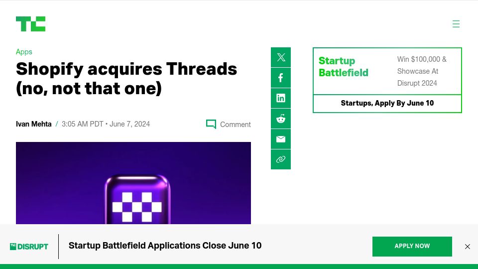 Screenshot of techcrunch.com: Shopify acquires Threads (no, not that one)