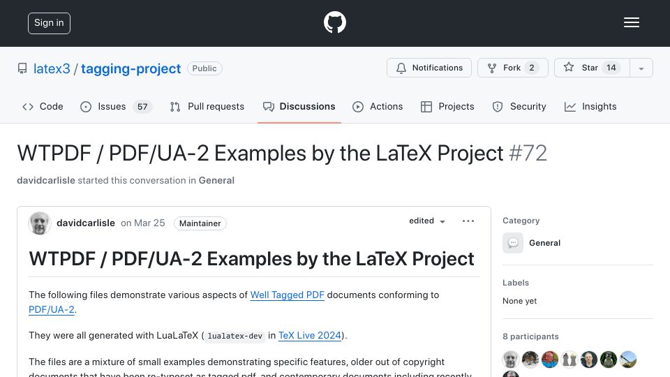 Screenshot of github.com: LaTeX is the first PDF/UA-2 compliance accessible PDF producer