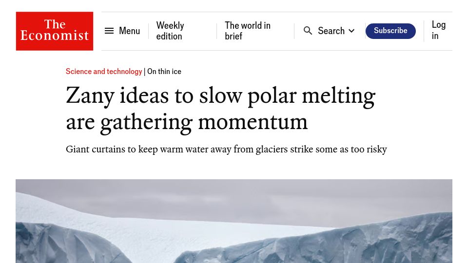 Screenshot of economist.com: Zany ideas to slow polar melting are gathering momentum