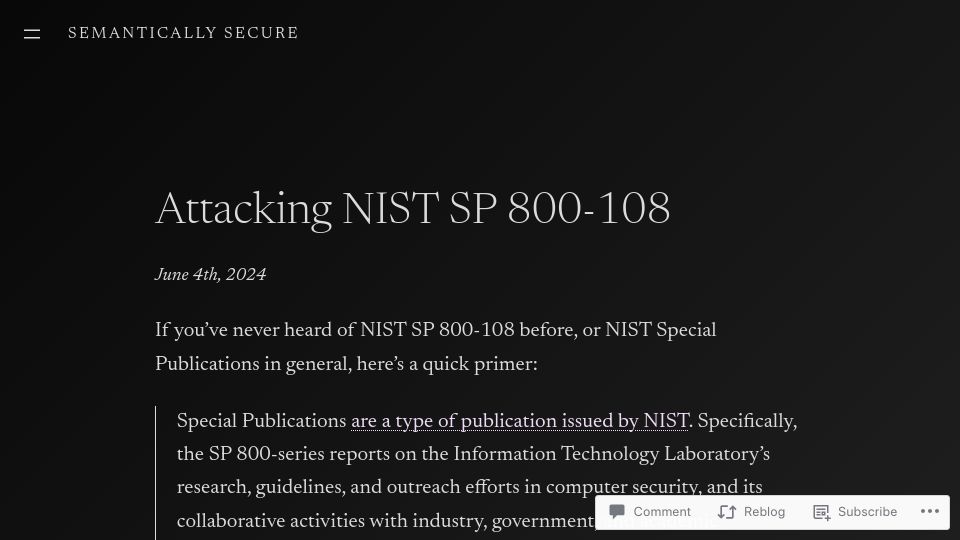 Screenshot of scottarc.blog: Attacking NIST SP 800-108 (Loss of Key Control Security)