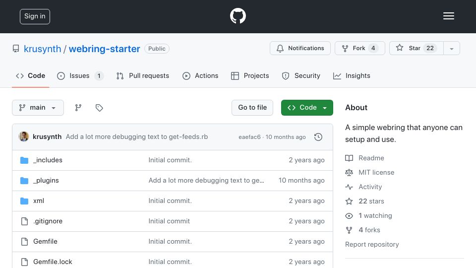 Screenshot of github.com: Webring Starter: a modern, simple webring