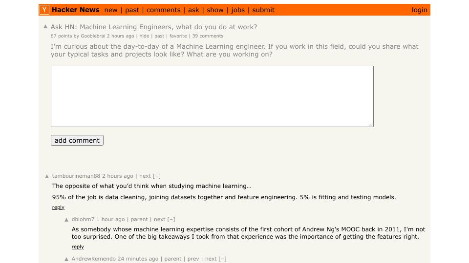 Screenshot of Hacker News post: Ask HN: Machine learning engineers, what do you do at work?