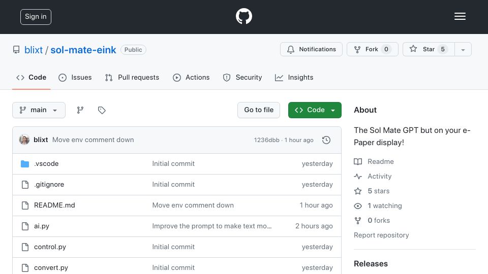 Screenshot of github.com: Show HN: E-Paper 7-color display showing the current weather