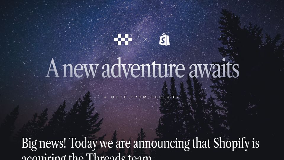 Screenshot of framer.threads.com: Shopify is acquiring the Threads team