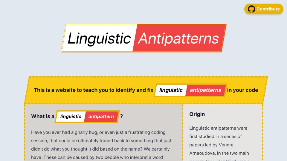 Screenshot of linguistic-antipatterns.com: Linguistic Antipatterns
