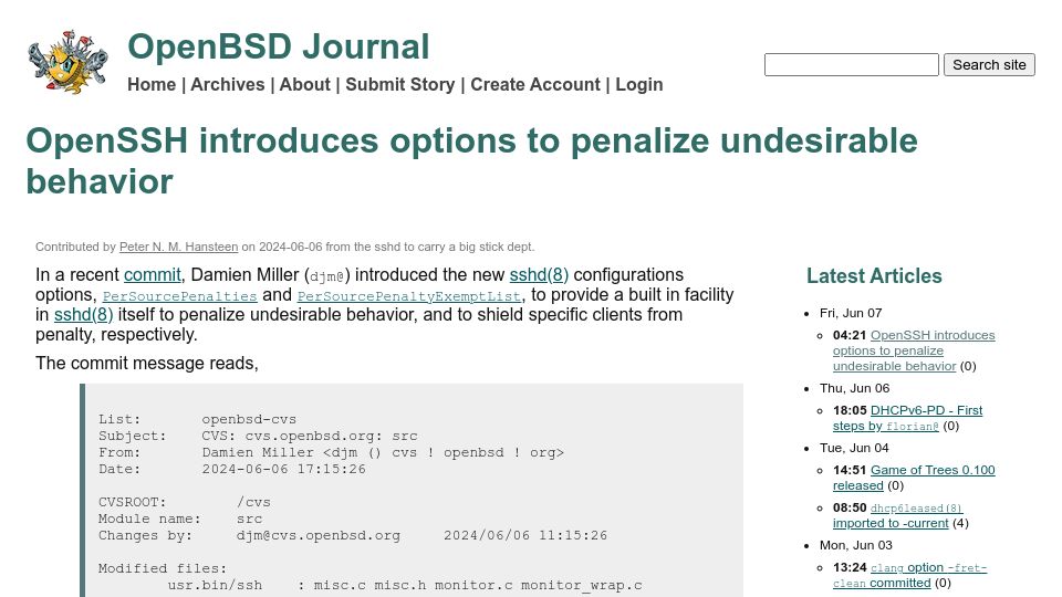 Screenshot of undeadly.org: OpenSSH introduces options to penalize undesirable behavior