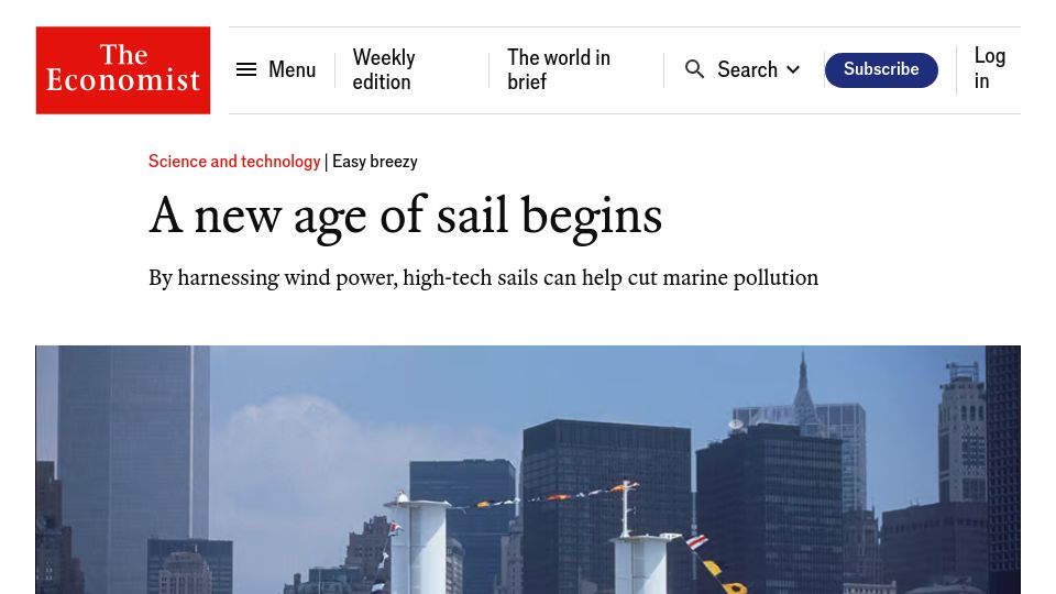 Screenshot of economist.com: By harnessing wind power, high-tech sails can help cut marine pollution