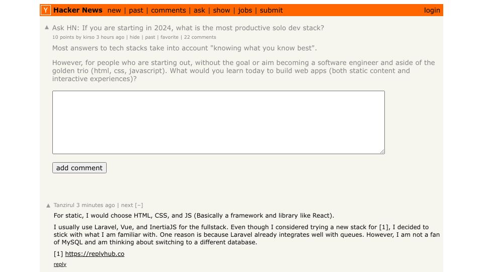 Screenshot of Hacker News post: Ask HN: If you are starting in 2024, what is the most productive solo dev stack?