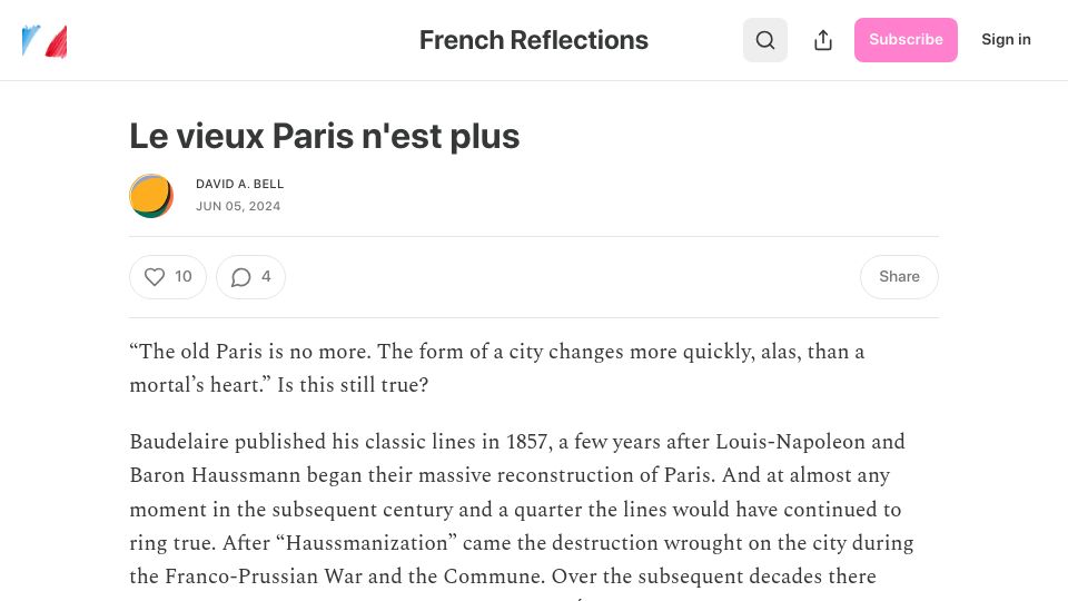 Screenshot of davidabell.substack.com: Le vieux Paris n'est plus