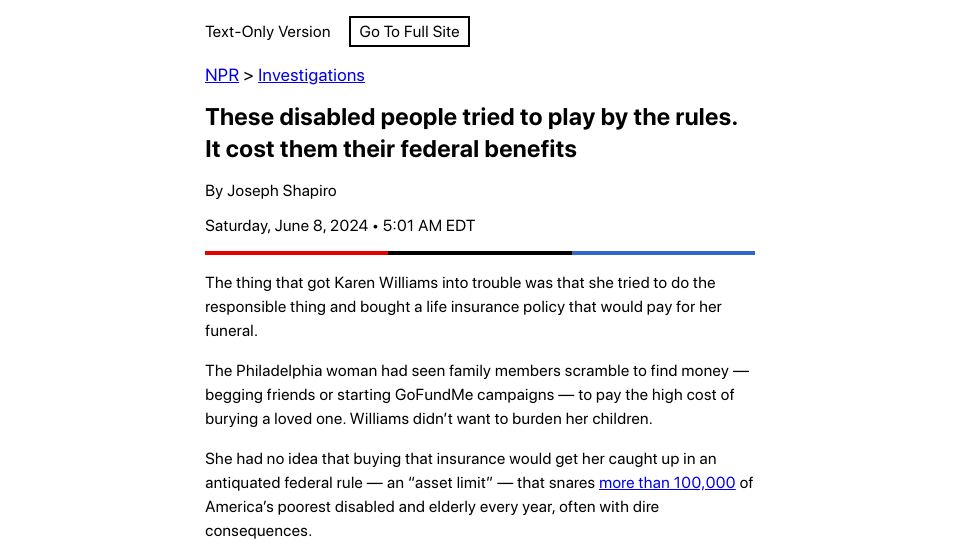 Screenshot of text.npr.org: Disabled people tried to play by the rules. It cost them their federal benefits