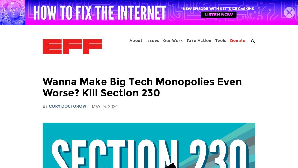 Screenshot of eff.org: Wanna Make Big Tech Monopolies Even Worse? Kill Section 230
