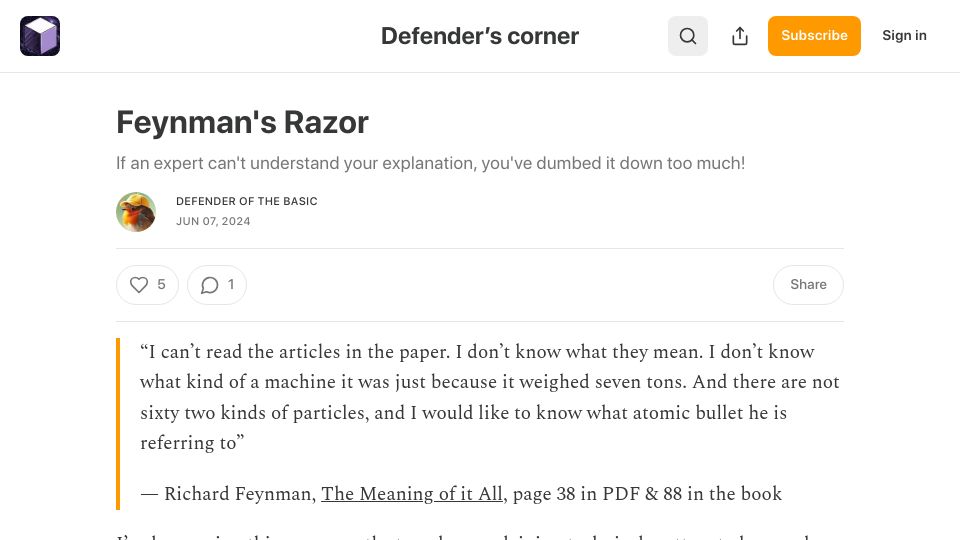 Screenshot of defenderofthebasic.substack.com: Feynman’s Razor