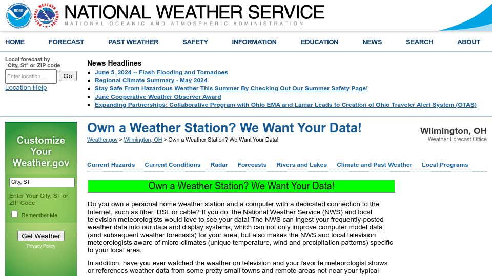 Screenshot of weather.gov: Own a weather station? We want your data