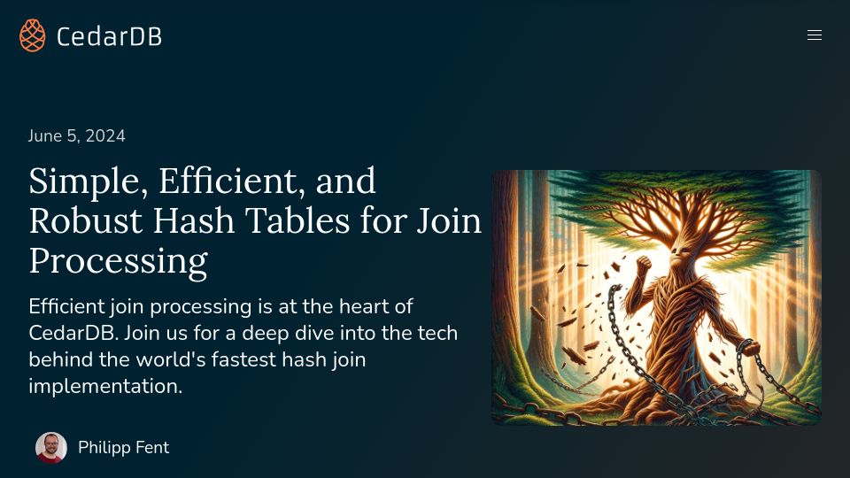 Screenshot of cedardb.com: Simple, Efficient, and Robust Hash Tables for Join Processing