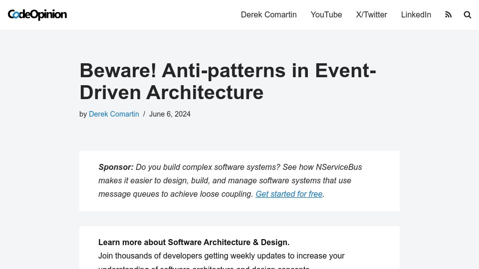 Screenshot of codeopinion.com: Anti-patterns in event-driven architecture