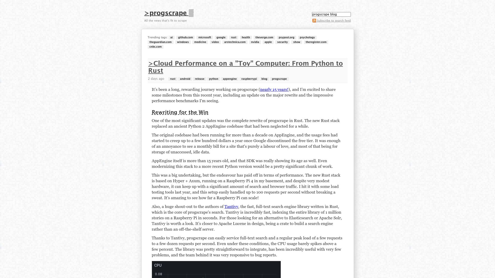 Screenshot of progscrape.com: Cloud Performance on a "Toy" Computer: From Python to Rust