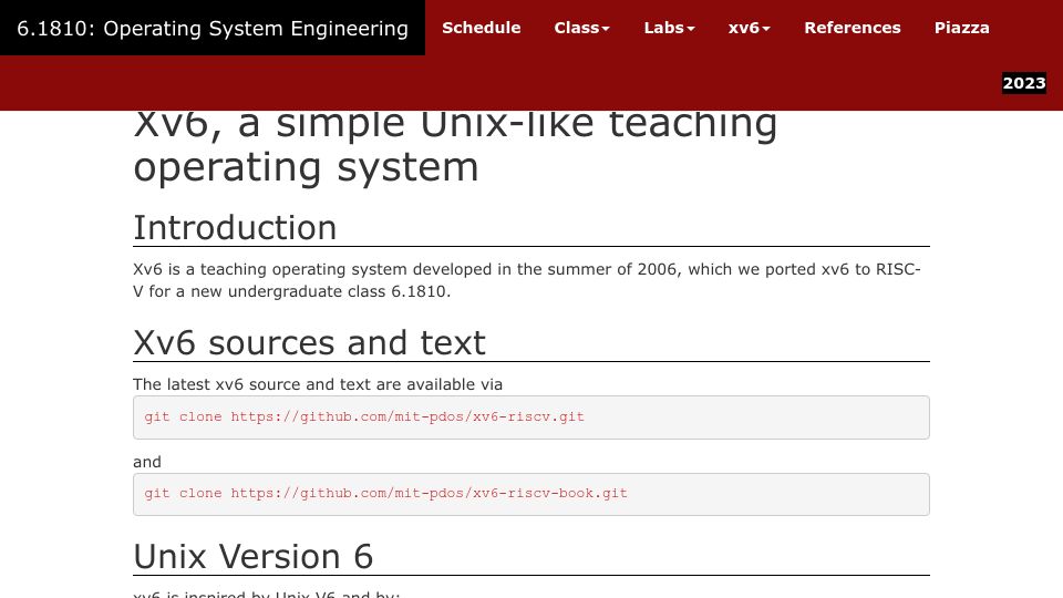 Screenshot of pdos.csail.mit.edu: Xv6, a simple Unix-like teaching operating system