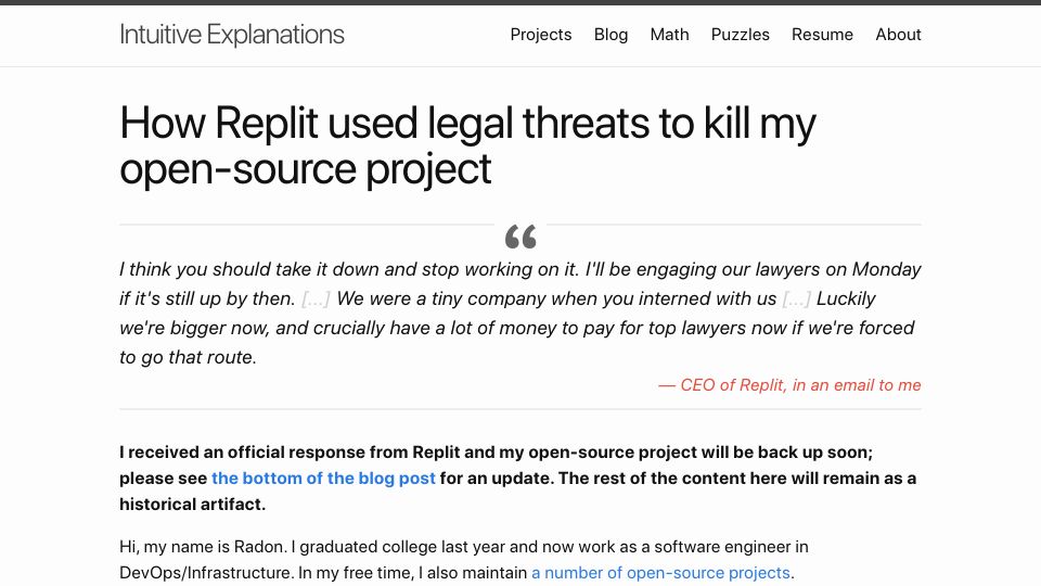 Screenshot of intuitiveexplanations.com: Replit used legal threats to kill my open-source project (2021)