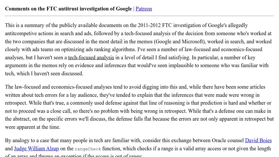 Screenshot of danluu.com: Comments on the FTC antitrust investigation of Google