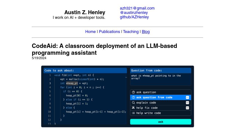 Screenshot of austinhenley.com: CodeAid: A classroom deployment of an LLM-based coding assistant